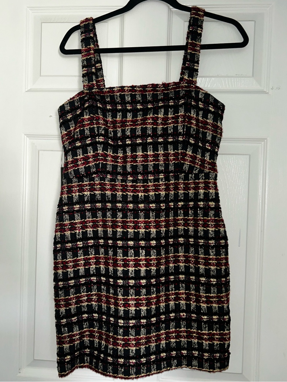 House of Harlow 1960 Black,Red and Gold Tweed Mini Dress with removable straps.